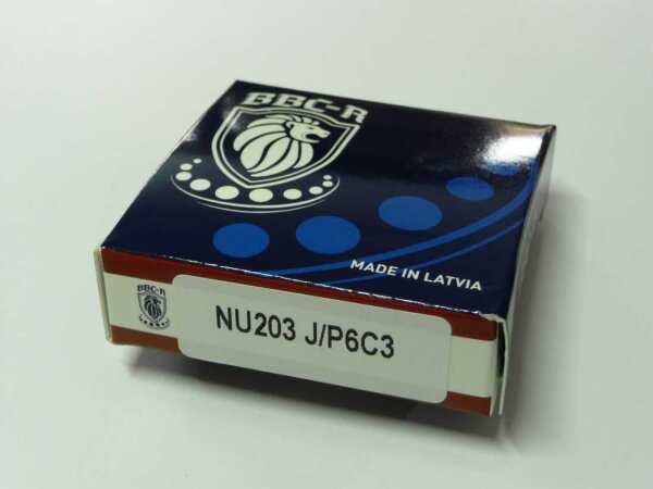 Zylinderrollenlager NU203-J-P6-C3 - BBC-R - Stahlkäfig, erhöhte Laufgenauigkeit, erhöhte radiale Lagerluft C3  ( 17x40x12mm )